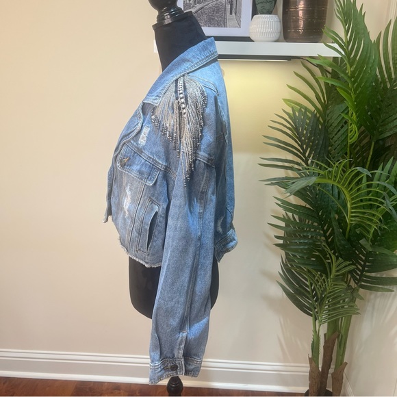 Forever 21 BEADED RHINESTONE Embellished Tassels Denim Crop Jacket Medium - Picture 8 of 13